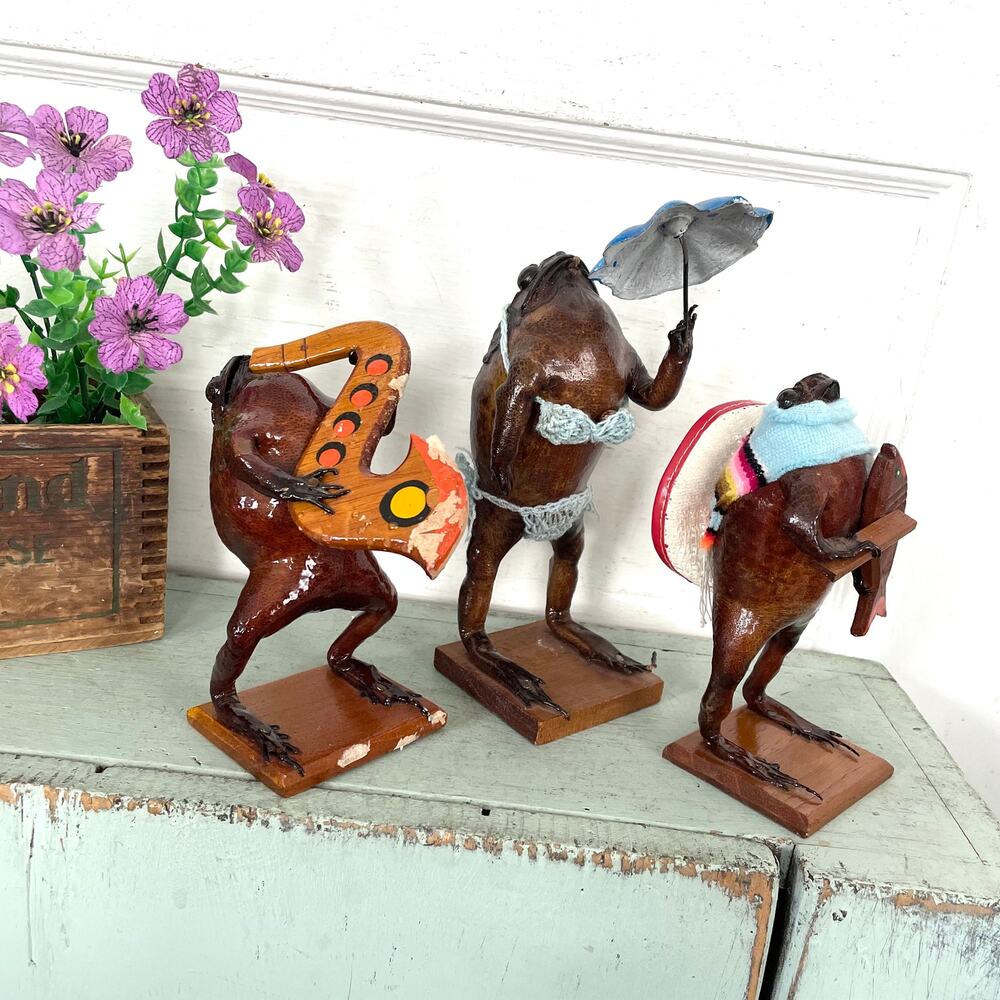 Vintage Mexican Folk Art Taxidermy Frogs Band Instruments Oddity Curiousity PAIR